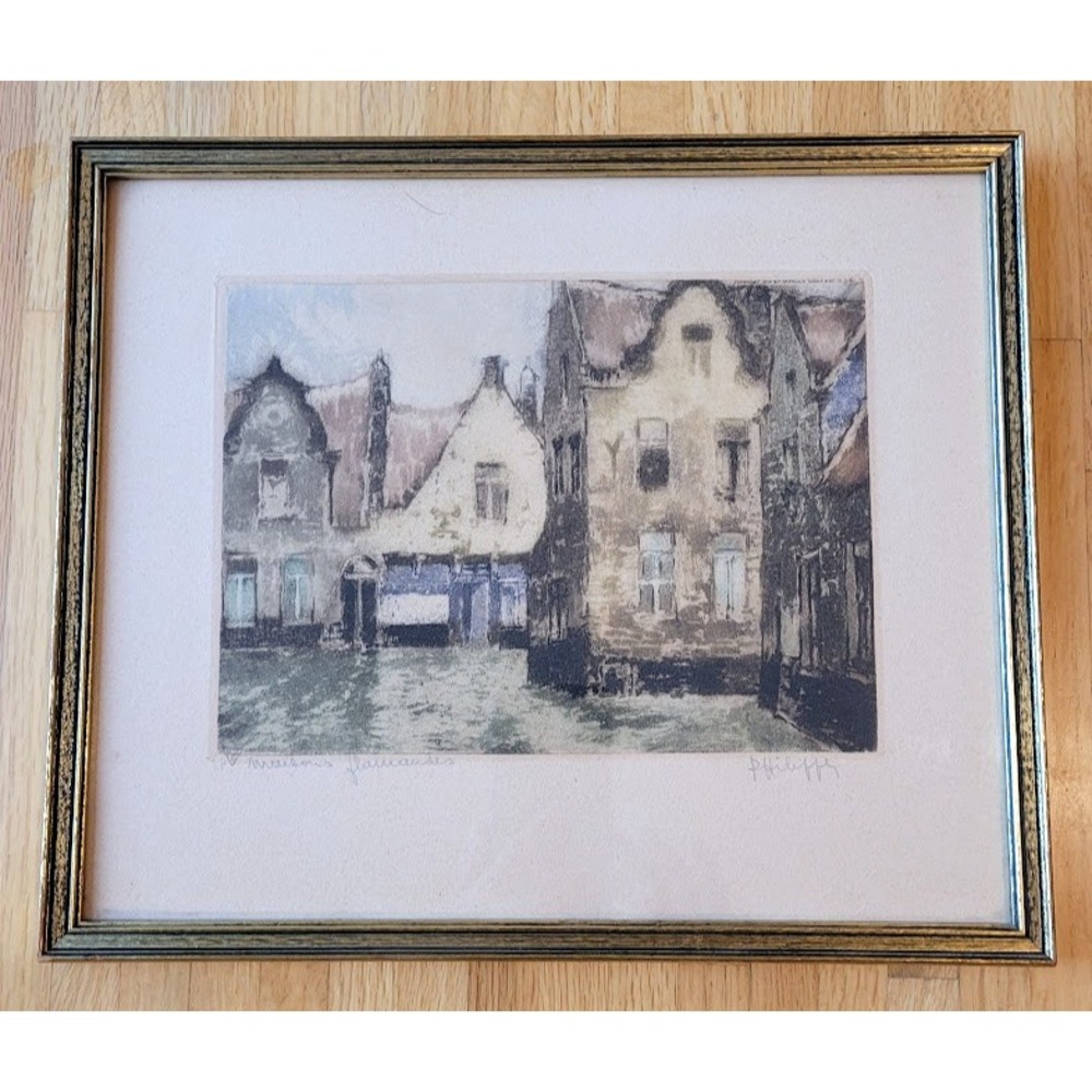 Philippe Flemish Houses Original Etching Signed Numbered Framed Vintage Art